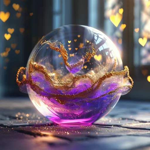 Prompt: Highly detailed gorgeous Glass_sphere with a magical_glowing_purple_liquid inside surrounded_by fairy dust, photorealistic gold and creamfairy filling the sphere, spectrum of Hearts, Love energy, ::Perfect_proportions, a masterpiece, 4k_resolution, fantasy_concept_art, dynamic_lighting, photorealistic, intricately_detailed, Splash screen art, deep_color, volumetric lighting,stunning, mythical fairy, energy,  molecular, textures, iridescent and luminescent, breathtaking beauty, pure perfection, divine presence, unforgettable, impressive, breathtaking beauty, Volumetric light, auras, rays, vivid golden of colors reflects