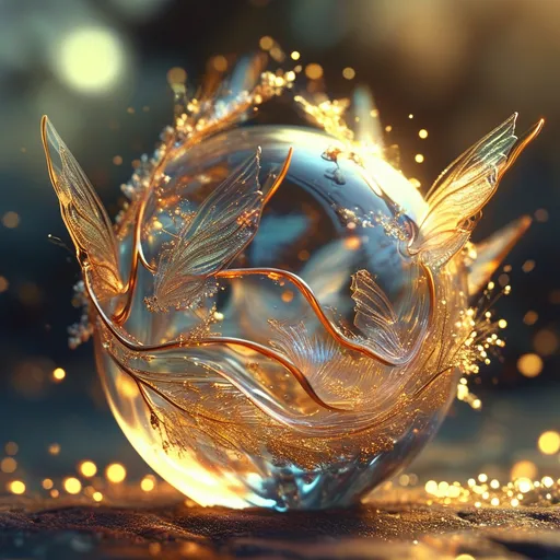 Prompt: Highly detailed gorgeous Glass_pear with a magical_glowing inside surrounded_by fairy dust, photorealistic gold and creamfairy filling the sphere, bokeh background, Love energy, ::Perfect_proportions, a masterpiece, 4k_resolution, fantasy_concept_art, dynamic_lighting, photorealistic, intricately_detailed, Splash screen art, deep_color, volumetric lighting,stunning, mythical fairy, energy,  molecular, textures, iridescent and luminescent, breathtaking beauty, pure perfection, divine presence, unforgettable, impressive, breathtaking beauty, Volumetric light, auras, rays, vivid golden of colors reflects