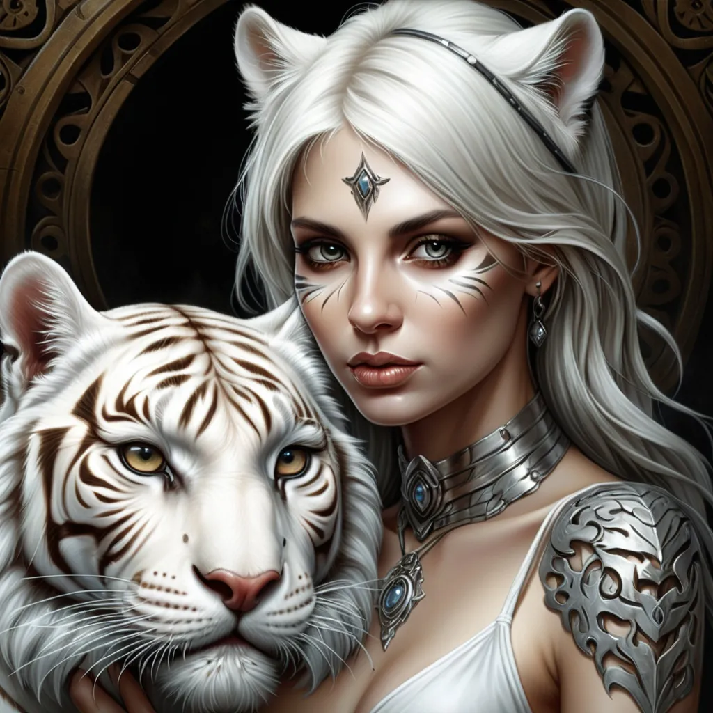 Prompt: a woman with a tiger's head on her face and a white tiger's head on her chest, Anne Stokes, fantasy art, highly detailed digital art, digital art