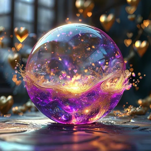 Prompt: Highly detailed gorgeous Glass_sphere with a magical_glowing_purple_liquid inside surrounded_by fairy dust, photorealistic gold and creamfairy filling the sphere, spectrum of Hearts, Love energy, ::Perfect_proportions, a masterpiece, 4k_resolution, fantasy_concept_art, dynamic_lighting, photorealistic, intricately_detailed, Splash screen art, deep_color, volumetric lighting,stunning, mythical fairy, energy,  molecular, textures, iridescent and luminescent, breathtaking beauty, pure perfection, divine presence, unforgettable, impressive, breathtaking beauty, Volumetric light, auras, rays, vivid golden of colors reflects