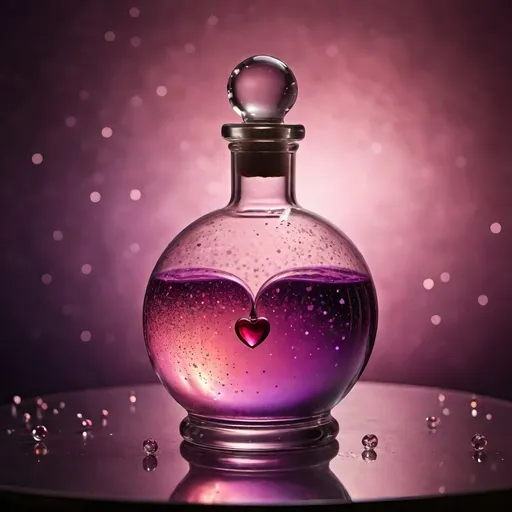 Prompt: (sphere liquid love potion bottle), glass, (corked with a heart stopper), translucent, high-quality details, soft reflections, ethereal lighting, whimsical atmosphere, crystal-clear glass texture, round silhouette, minimalist design, muted colours with fairy light sparkles pops of vibrant colour, witch's potionroom  as background, soft shadows, ultra-detailed, creative product concept.