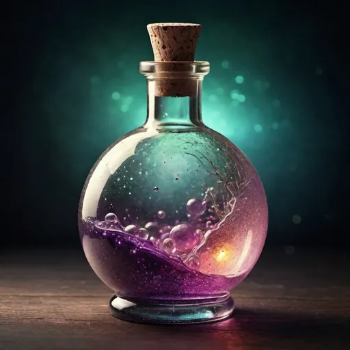 Prompt: (sphere liquid poisonous potion bottle), glass, (corked), translucent, high-quality details, soft reflections, ethereal lighting, whimsical atmosphere, crystal-clear glass texture, round silhouette, minimalist design, muted colours with fairy light sparkles pops of vibrant colour, witch's potionroom  as background, soft shadows, ultra-detailed, creative product concept.