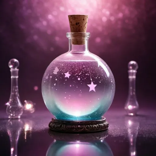 Prompt: (sphere liquid love potion bottle), glass, (corked), translucent, high-quality details, soft reflections, ethereal lighting, whimsical atmosphere, crystal-clear glass texture, round silhouette, minimalist design, muted colours with fairy light sparkles pops of vibrant colour, witch's potionroom  as background, soft shadows, ultra-detailed, creative product concept.