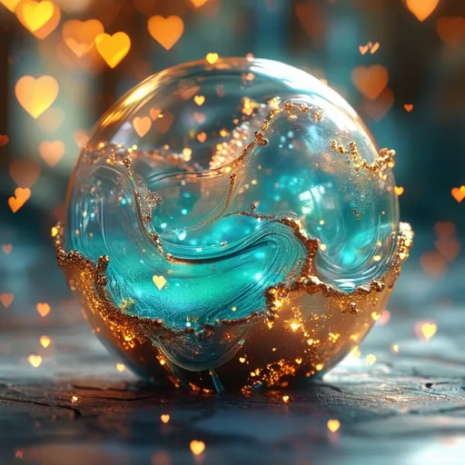Prompt: Highly detailed gorgeous Glass_sphere with a magical_glowing_turquose_liquid inside surrounded_by fairy dust, photorealistic gold and creamfairy filling the sphere, spectrum of Hearts, Love energy, ::Perfect_proportions, a masterpiece, 4k_resolution, fantasy_concept_art, dynamic_lighting, photorealistic, intricately_detailed, Splash screen art, deep_color, volumetric lighting,stunning, mythical fairy, energy,  molecular, textures, iridescent and luminescent, breathtaking beauty, pure perfection, divine presence, unforgettable, impressive, breathtaking beauty, Volumetric light, auras, rays, vivid golden of colors reflects