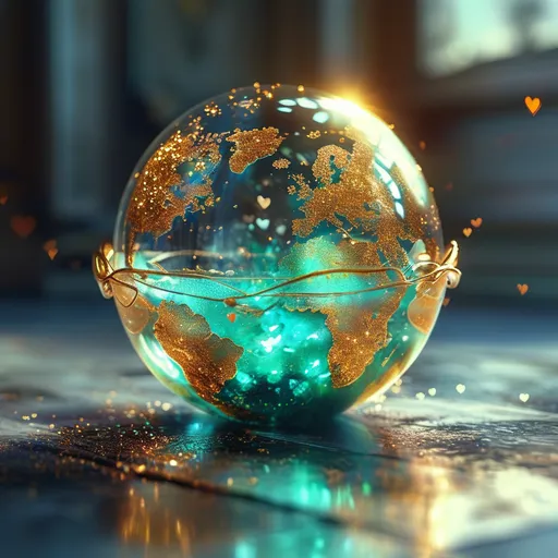 Prompt: Highly detailed gorgeous Glass_sphere with a magical_glowing_turquose_liquid inside surrounded_by fairy dust, photorealistic gold and creamfairy filling the sphere, spectrum of Hearts, Love energy, ::Perfect_proportions, a masterpiece, 4k_resolution, fantasy_concept_art, dynamic_lighting, photorealistic, intricately_detailed, Splash screen art, deep_color, volumetric lighting,stunning, mythical fairy, energy,  molecular, textures, iridescent and luminescent, breathtaking beauty, pure perfection, divine presence, unforgettable, impressive, breathtaking beauty, Volumetric light, auras, rays, vivid golden of colors reflects