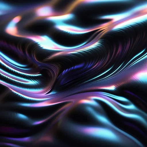 Prompt: (black iridescent texture), 3D render style, resembling mercury, low key lighting, sleek and modern aesthetic, shimmering reflections, dramatic contrast, rich depth, creates a sense of sophistication, suitable for desktop wallpaper, ultra-detailed resolution, subtly hypnotic and captivating vibe, smooth surfaces and fluid dynamics, ambient glow, artistic monochromatic tones, fluid glowing light, amorphous like lava