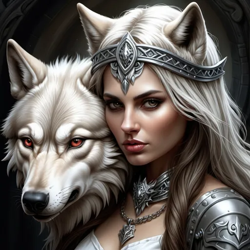 Prompt: a woman with a wolf's head on her face and a wolf's head on her chest, Anne Stokes, fantasy art, highly detailed digital art, digital art