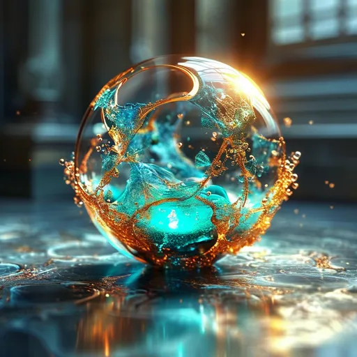 Prompt: Highly detailed gorgeous Glass_sphere with a magical_glowing_turquose_liquid inside surrounded_by fairy dust, photorealistic gold and creamfairy filling the sphere, spectrum of Hearts, Love energy, ::Perfect_proportions, a masterpiece, 4k_resolution, fantasy_concept_art, dynamic_lighting, photorealistic, intricately_detailed, Splash screen art, deep_color, volumetric lighting,stunning, mythical fairy, energy,  molecular, textures, iridescent and luminescent, breathtaking beauty, pure perfection, divine presence, unforgettable, impressive, breathtaking beauty, Volumetric light, auras, rays, vivid golden of colors reflects