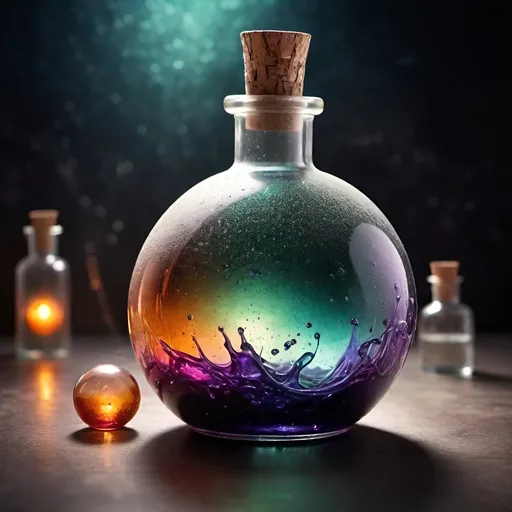 Prompt: (sphere liquid poisonous potion bottle), glass, (corked), translucent, high-quality details, soft reflections, ethereal lighting, whimsical atmosphere, crystal-clear glass texture, round silhouette, minimalist design, muted colours with fairy light sparkles pops of vibrant colour, witch's potionroom  as background, soft shadows, ultra-detailed, creative product concept.