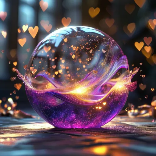Prompt: Highly detailed gorgeous Glass_sphere with a magical_glowing_purple_liquid inside surrounded_by fairy dust, photorealistic gold and creamfairy filling the sphere, spectrum of Hearts, Love energy, ::Perfect_proportions, a masterpiece, 4k_resolution, fantasy_concept_art, dynamic_lighting, photorealistic, intricately_detailed, Splash screen art, deep_color, volumetric lighting,stunning, mythical fairy, energy,  molecular, textures, iridescent and luminescent, breathtaking beauty, pure perfection, divine presence, unforgettable, impressive, breathtaking beauty, Volumetric light, auras, rays, vivid golden of colors reflects