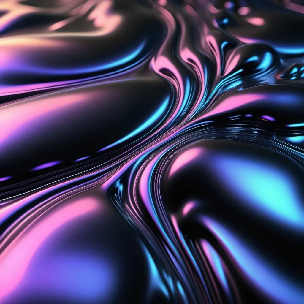 Prompt: (black iridescent texture), 3D render style, resembling mercury, low key lighting, sleek and modern aesthetic, shimmering reflections, dramatic contrast, rich depth, creates a sense of sophistication, suitable for desktop wallpaper, ultra-detailed resolution, subtly hypnotic and captivating vibe, smooth surfaces and fluid dynamics, ambient glow, artistic monochromatic tones, fluid glowing light, amorphous like lava