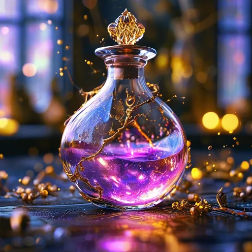 Prompt: Highly detailed gorgeous Glass_bottle with a magical_glowing_purple_liquid inside surrounded_by fairy dust, photorealistic gold and creamfairy filling the sphere, bokeh background, Love energy, ::Perfect_proportions, a masterpiece, 4k_resolution, fantasy_concept_art, dynamic_lighting, photorealistic, intricately_detailed, Splash screen art, deep_color, volumetric lighting,stunning, mythical fairy, energy,  molecular, textures, iridescent and luminescent, breathtaking beauty, pure perfection, divine presence, unforgettable, impressive, breathtaking beauty, Volumetric light, auras, rays, vivid golden of colors reflects