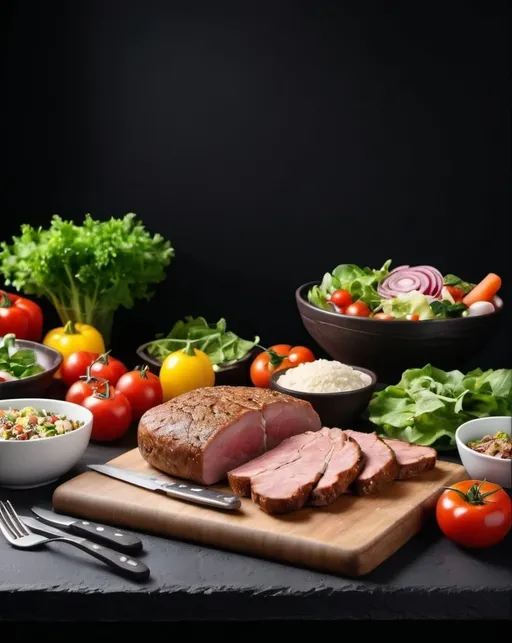 Prompt: 1. "Generate realistic table for me with low-carb dishes: meat, salads, vegetables, and bran bread. With a dark background photo with free space for text. And a front view of the table.