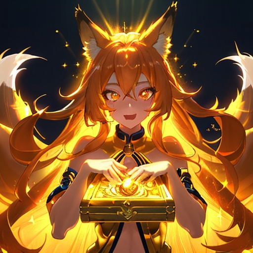 Prompt: Beautiful woman opening a chest of glittering gold coins, sports kit, long flowing golden hair, golden amber eyes, fox ears and tail, excited expression, high quality, neon colours, fox girl, detailed hair, ethereal,