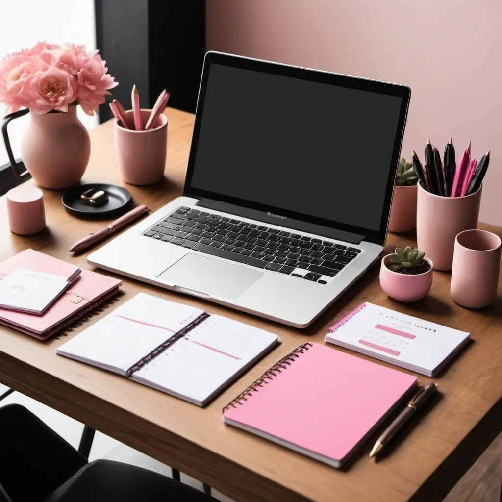 Prompt: A simple image of a laptop on a brown wooden desk, designed for an event planner. The desk has an earthy brown color palette and includes a few essentials: a notebook, a colorful planner, and a few event planning materials like sticky notes and pens. A pink element, such as a pink pen or a small pink decorative item, adds a pop of color to the scene.The scene is minimalist yet functional, reflecting the organized and creative nature of an event planner's workspace.