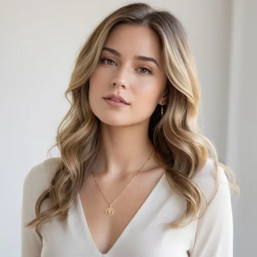 Prompt: Create a photorealistic image of a beautiful woman with flawless skin and long, wavy balayage hair featuring blonde highlights and ash brown tones. She is wearing a classy outfit that complements her hair color and features a delicate dainty gold necklace. The photo should be a half-body shot, focusing on her hair, skin, and the necklace. The overall aesthetic should be elegant and sophisticated, soft light with a slight golden hue, minimalist background aesthetic, plain white studio wall background, looking slightly to the side up and v neck white shirt, studio photoshoot