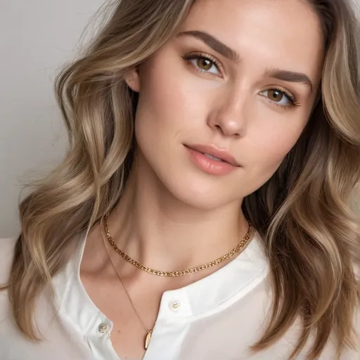 Prompt: Create a photorealistic image of a beautiful woman with flawless skin and long, wavy balayage hair featuring blonde highlights and ash brown tones. She is wearing a classy outfit that complements her hair color and features a delicate minimalist gold thin herringbone necklace. The photo should be a half-body shot, focusing on her hair, skin, and the necklace. The overall aesthetic should be elegant and sophisticated, soft light with a slight golden hue, minimalist background aesthetic, plain white studio wall background, looking slightly to the side up and v neck white shirt, studio photoshoot