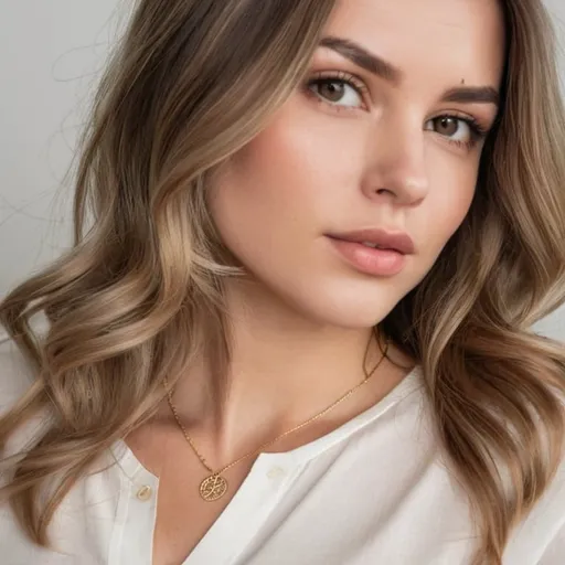 Prompt: Create a photorealistic image of a beautiful woman with flawless skin and long, wavy balayage hair featuring blonde highlights and ash brown tones. She is wearing a classy outfit that complements her hair color and features a delicate minimalist gold thin herringbone necklace. The photo should be a half-body shot, focusing on her hair, skin, and the necklace. The overall aesthetic should be elegant and sophisticated, soft light with a slight golden hue, minimalist background aesthetic, plain white studio wall background, v neck white shirt, studio photoshoot