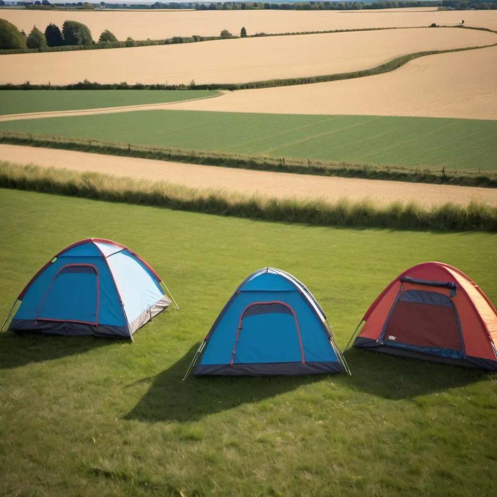 Prompt: three small tents in a sunny feild. image is for teenagers so should be engaging for them