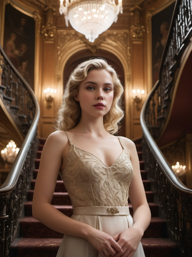 Prompt: High-resolution, cinematic-style photograph featuring a young woman with fair skin and blonde hair styled in elegant waves. She is standing on an ornate staircase in a grand, opulent interior.