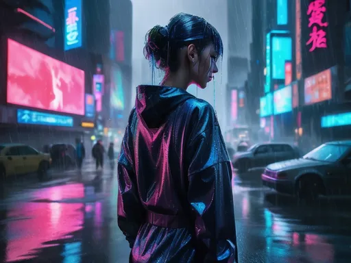 Prompt: A detailed holographic representation of a cyberpunk city viewed from above, drenched in thick, monsoon-like rain. A huge holographic advertisement floats above the city, depicting a female figure. The rain spouts reflect the vibrant advertisement, which flashes blue and red lights against a grey, rainy background. The holographic female figure hovers over the city, looking directly into the camera, pointing forward with her right hand while brushing her hair back with her left. She occupies the center of the frame, drawing attention amidst the urban landscape. The background features the sprawling Cyberpunk City, illuminated by city lights, street lamps, and flickering neon signs. The overall mood of the image conveys a tedious, boring rainy day, with the rain enhancing the sense of melancholy in this vibrant yet dreary setting.