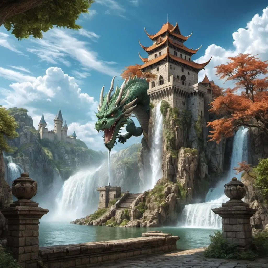 Prompt: outdoors, sky, cloud, tree, building, scenery, fantasy, dragon, pillar, castle, waterfall
, hdr, sharp focus, ultra-detailed, (masterpiece:1.2),(best quality:1.2), intricate details, newest, ai-generated
