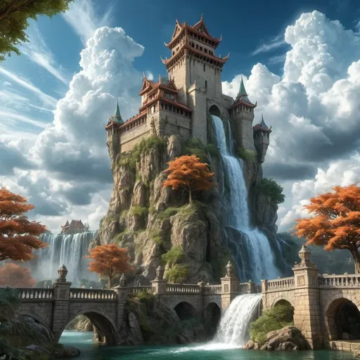 Prompt: outdoors, sky, cloud, tree, building, scenery, fantasy, dragon, pillar, castle, waterfall
, hdr, sharp focus, ultra-detailed, (masterpiece:1.2),(best quality:1.2), intricate details, newest, ai-generated
