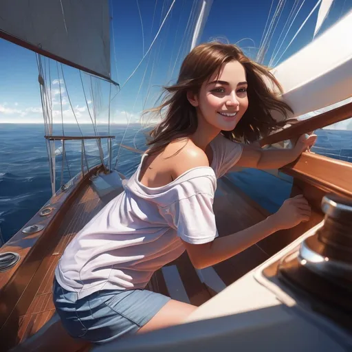 Prompt: sailboat

sailing sailboat, (on deck:1.3), voyage, ocean, girl, smile, t-shirt, off-shoulder, neck, shorts, dynamic, glow, lens flare, iridescent, light particles, masterpiece, best-quality, high-definition, ultra-detailed, 
