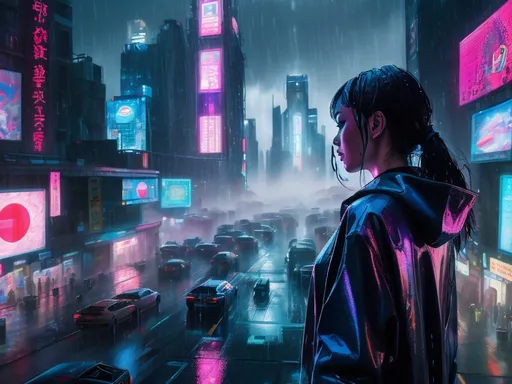 Prompt: A detailed holographic representation of a cyberpunk city viewed from above, drenched in thick, monsoon-like rain. A huge holographic advertisement floats above the city, depicting a female figure. The rain spouts reflect the vibrant advertisement, which flashes blue and red lights against a grey, rainy background. The holographic female figure hovers over the city, looking directly into the camera, pointing forward with her right hand while brushing her hair back with her left. She occupies the center of the frame, drawing attention amidst the urban landscape. The background features the sprawling Cyberpunk City, illuminated by city lights, street lamps, and flickering neon signs. The overall mood of the image conveys a tedious, boring rainy day, with the rain enhancing the sense of melancholy in this vibrant yet dreary setting.