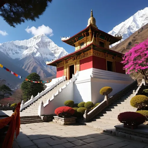 Prompt: 4k,intricate detail,(masterpiece:1.5),absurdres,high resolution,sharp focus,depth of field,ray tracing,more_details:2.0,vivid colours, a serene Buddhist temple nestled in the majestic Himalayas. The temple is perched on a hilltop, surrounded by rugged mountains with snow-capped peaks in the background. The architecture of the temple is traditional, featuring white walls and a vibrant red roof with golden embellishments, typical of Buddhist monasteries in the region.
In the foreground, a stone pathway leads to the temple's entrance, flanked by prayer flags in various colors, gently fluttering in the wind. The flags are strung from the temple's eaves to nearby trees, creating a colorful and spiritual ambiance. The landscape around the temple is dotted with greenery, shrubs, and perhaps a few blooming wildflowers, adding a touch of life to the rocky terrain.
The sky above is a clear, deep blue, with a few wispy clouds adding depth to the scene. The overall atmosphere is one of tranquility and reverence, inviting onlookers to pause and reflect on the beauty and spirituality of the setting. The temple, with its stunning backdrop of the Himalayas, appears as a sanctuary of peace and meditation, harmoniously blending with the natural surroundings.,more_details:1.5