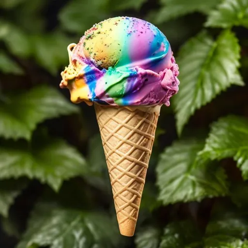 Prompt: A high res lifelike colorful image of an ice cream set against a background of creeping ivy that is wrapped around the ice cream cone 