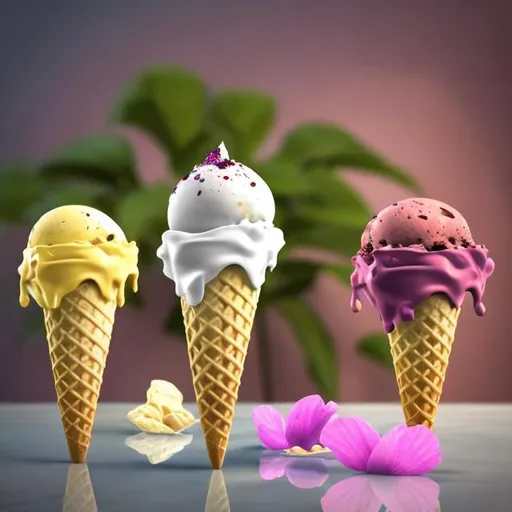 Prompt: Lifelike close up shot of ice cream sitting on a counter high res starting to melt on one side. Bright colors vine climbing up one side of table and a flower opening near the ice cream cone