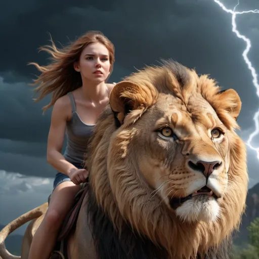 Prompt: girl riding a lion, extremely detailed, high quality, 4 k, cinematic, dramatic lightning, photo realistic, beautiful face, highly detailed face