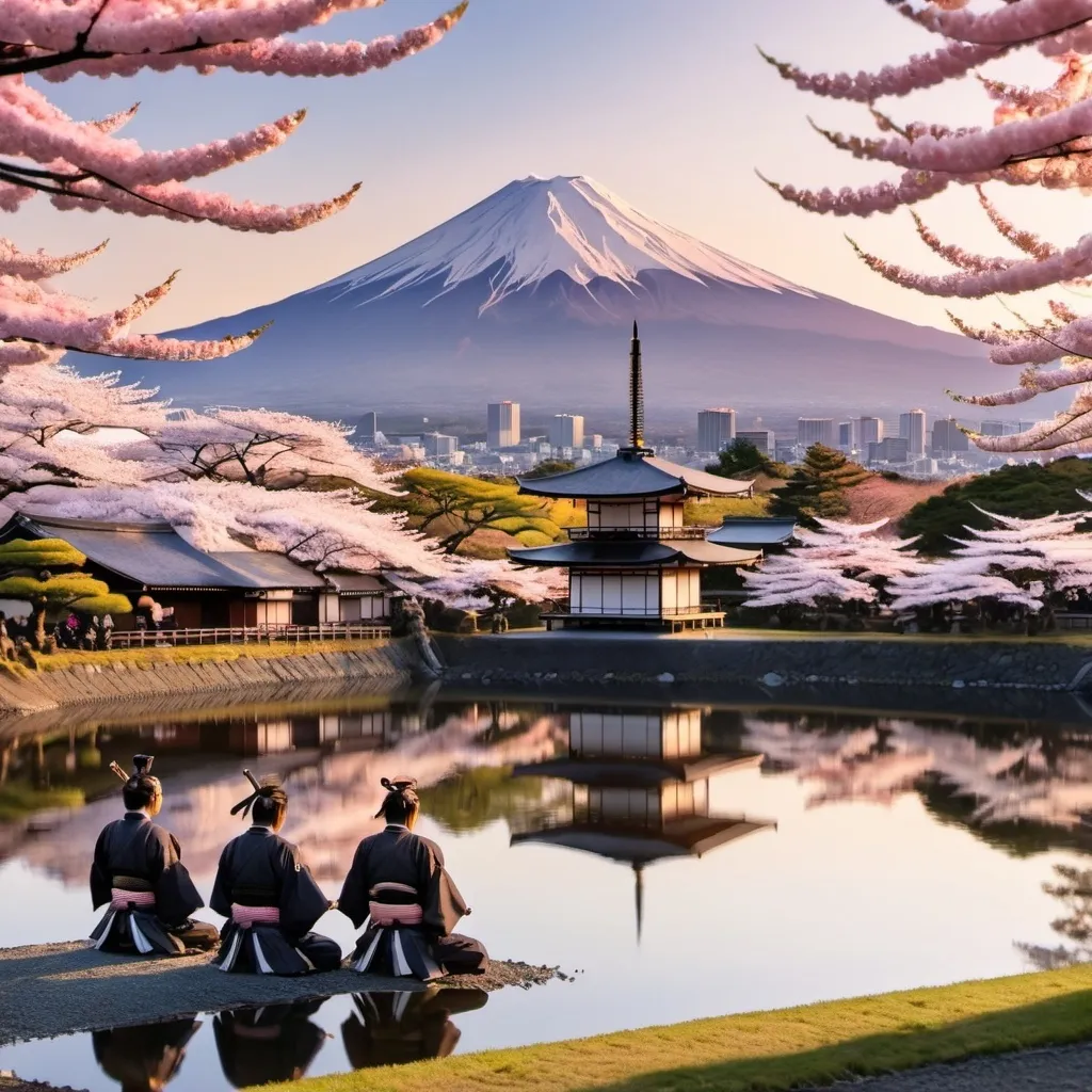 Prompt: A group of Samurai meeting during golden hour illuminates blooming cherry blossom trees around a pond with mount fuji in the background. 