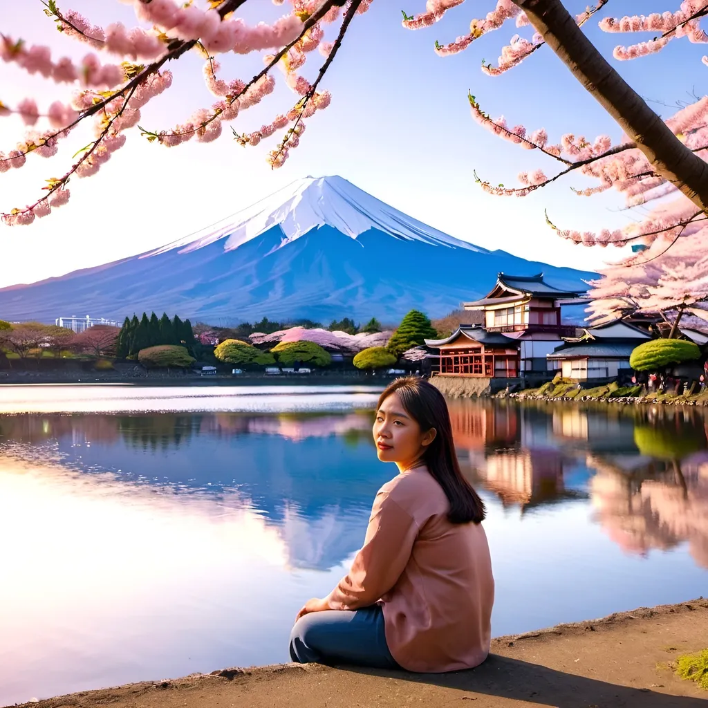 Prompt: A Ilocano woman sitting by a lake during golden hour illuminates blooming cherry blossom trees with mount fuji in the background. 