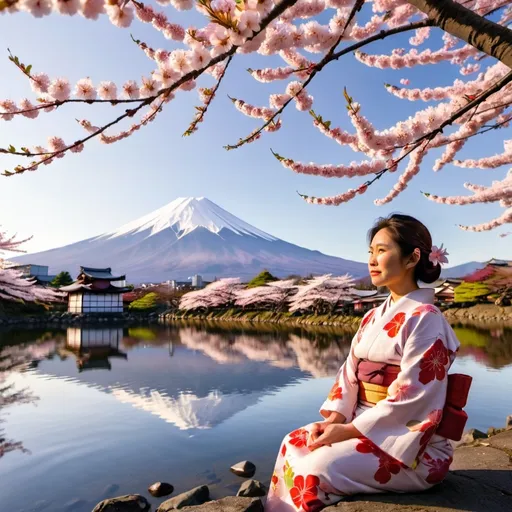 Prompt: An Ilocano woman wearing a kimono sitting by a lake during golden hour illuminates blooming cherry blossom trees with mount fuji in the background. 