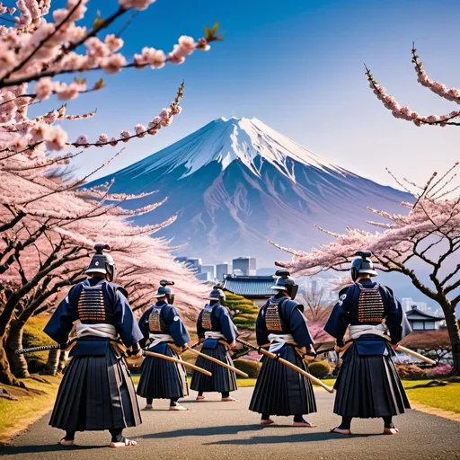 Prompt: A group of modern kendoka kendo players wearing full armor and shinai battling during golden hour illuminates blooming cherry blossom trees with mount fuji in the background. 