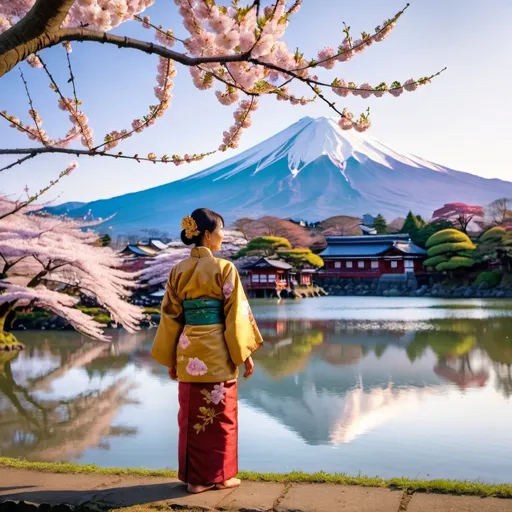 Prompt: A Burmese woman wearing traditional clothing standing by a lake during golden hour illuminates blooming cherry blossom trees with mount fuji in the background. 