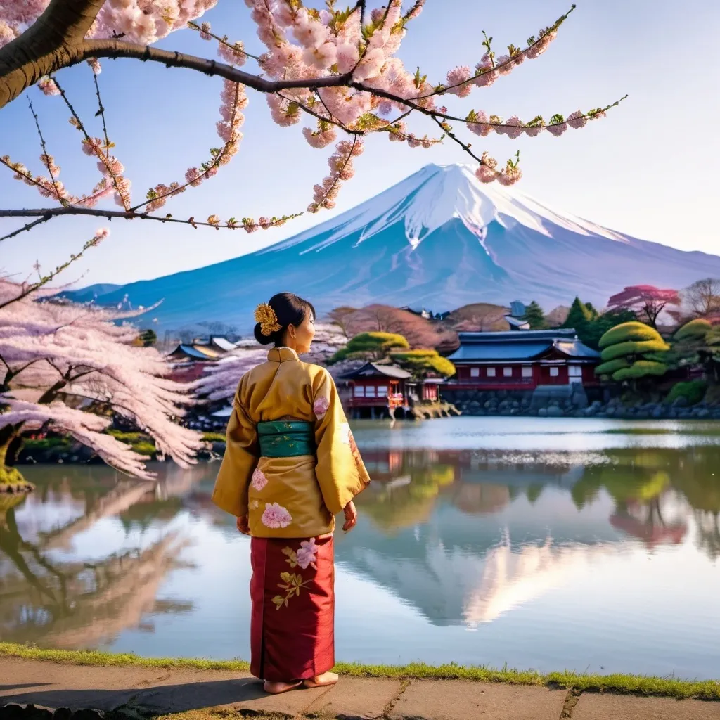 Prompt: A Burmese woman wearing traditional clothing standing by a lake during golden hour illuminates blooming cherry blossom trees with mount fuji in the background. 