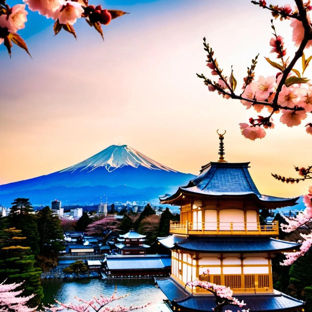 Prompt: View of the golden temple in Kyoto Japan during golden hour illuminates blooming cherry blossom trees with mount fuji in the background. 