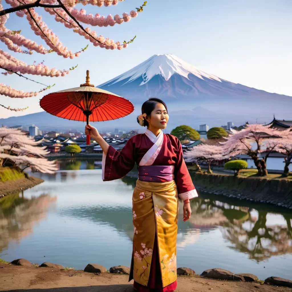 Prompt: A Burmese woman wearing traditional clothing of Myanmar standing by a lake during golden hour illuminates blooming cherry blossom trees with mount fuji in the background. 