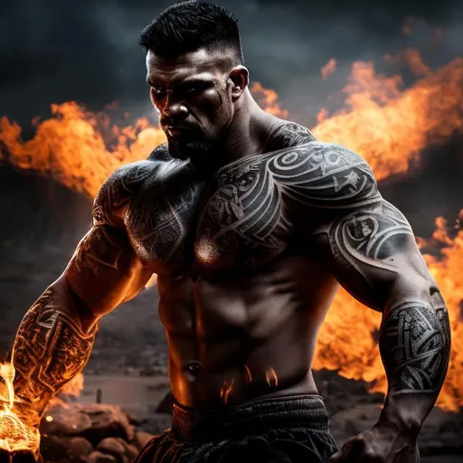 Prompt: Muscular, handsome Tongan warrior with tattoos, cinematic realism, movie poster, unreal engine, detailed, professionally illustrated, dark black smoke background, larger than life, intense gaze, high-quality rendering, hyper-realistic, detailed tattoos, professional illustration, dramatic lighting, powerful presence, dreamy colors, hypnotic colors