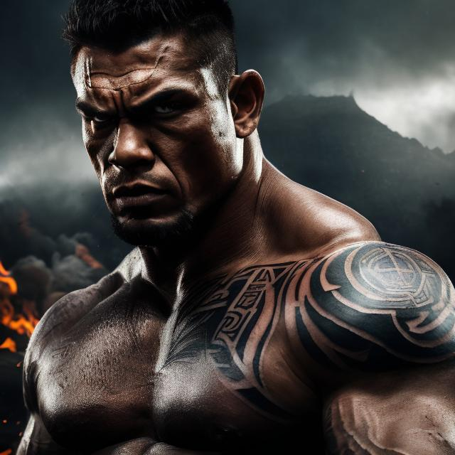 Prompt: Muscular, handsome Tongan warrior with tattoos, cinematic realism, movie poster, unreal engine, detailed, professionally illustrated, dark black smoke background, larger than life, intense gaze, high-quality rendering, hyper-realistic, detailed pollynesian tattoos, professional illustration, dramatic lighting, powerful presence, hypnotic colors ,movie poster style.