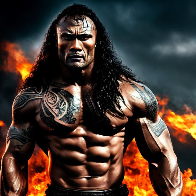 Prompt: Muscular, handsome Tongan warrior that looks similar to the rock with long hair and with tattoos, cinematic realism, movie poster, unreal engine, detailed, professionally illustrated, dark black smoke background, larger than life, intense gaze, high-quality rendering, hyper-realistic, detailed tattoos, professional illustration, dramatic lighting, powerful presence, dreamy colors, hypnotic colors