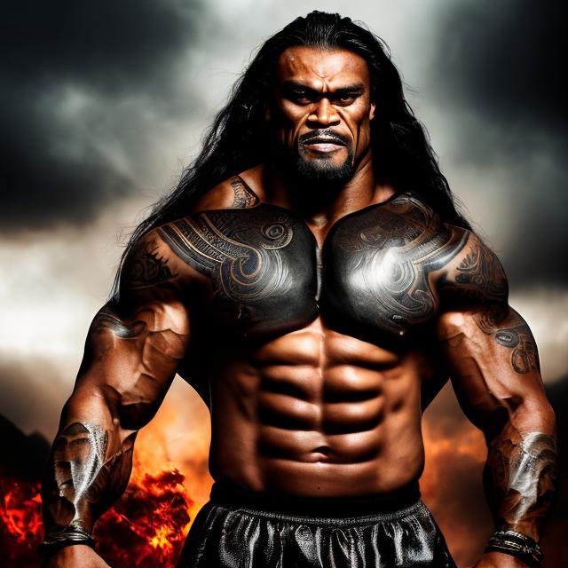 Prompt: Muscular, handsome Tongan warrior that looks similar to the Jonah lomu  with long hair and with tattoos, cinematic realism, movie poster, unreal engine, detailed, professionally illustrated, dark black smoke background, larger than life, intense gaze, high-quality rendering, hyper-realistic, detailed tattoos, professional illustration, dramatic lighting, powerful presence, dreamy colors, hypnotic colors