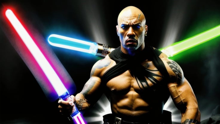 Prompt: Muscular, handsome Tongan jedi with light saber that looks similar to the wwf the rock and with tattoos, cinematic realism, movie poster, unreal engine, detailed, professionally comic illustrated, dark black smoke background, larger than life, intense gaze, high-quality rendering, hyper-realistic, detailed tattoos, professional illustration, dramatic lighting, powerful presence, dreamy colors, hypnotic colors by Jim lee