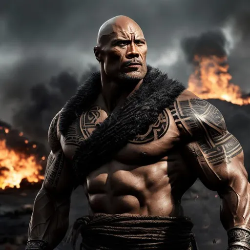 Prompt: Muscular, handsome Tongan warrior that looks similar to the rock .tattoos covering arms and chest.Cinematic, realism, movie poster, unreal engine, very detailed, professionally illustrated.Dark black smoke background. 