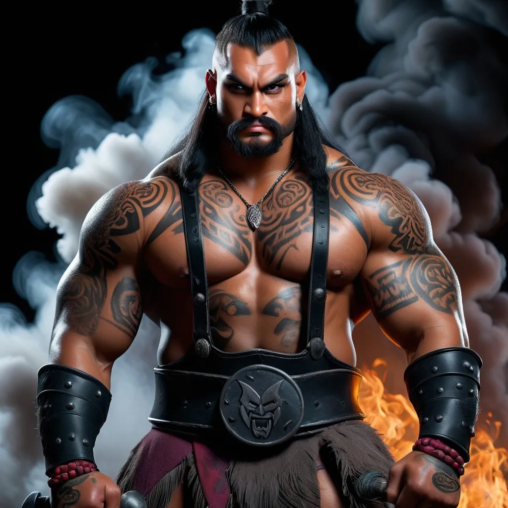 Prompt: Muscular, handsome Tongan warrior that looks similar to the wwf barbarians and with tattoos, cinematic realism, movie poster, unreal engine, detailed, professionally illustrated, dark black smoke background, larger than life, intense gaze, high-quality rendering, hyper-realistic, detailed tattoos, professional illustration, dramatic lighting, powerful presence, dreamy colors, hypnotic colors by Jim lee