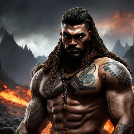 Prompt: Muscular, handsome Tongan warrior that looks similar to marrion jones with tattoos, cinematic realism, movie poster, unreal engine, detailed, professionally illustrated, dark black smoke background, larger than life, intense gaze, high-quality rendering, hyper-realistic, detailed tattoos, professional illustration, dramatic lighting, powerful presence, dreamy colors, hypnotic colors