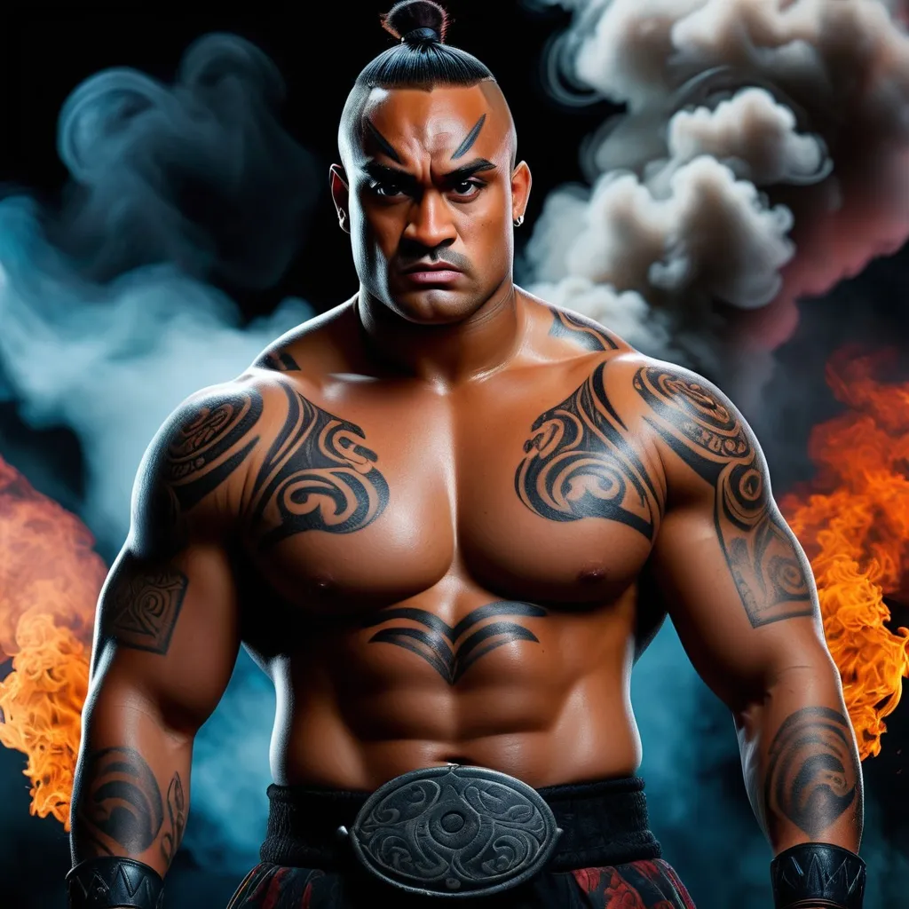 Prompt: Muscular, handsome Tongan warrior that looks similar to the Jonah lomu and with tattoos, cinematic realism, movie poster, unreal engine, detailed, professionally illustrated, dark black smoke background, larger than life, intense gaze, high-quality rendering, hyper-realistic, detailed tattoos, professional illustration, dramatic lighting, powerful presence, dreamy colors, hypnotic colors